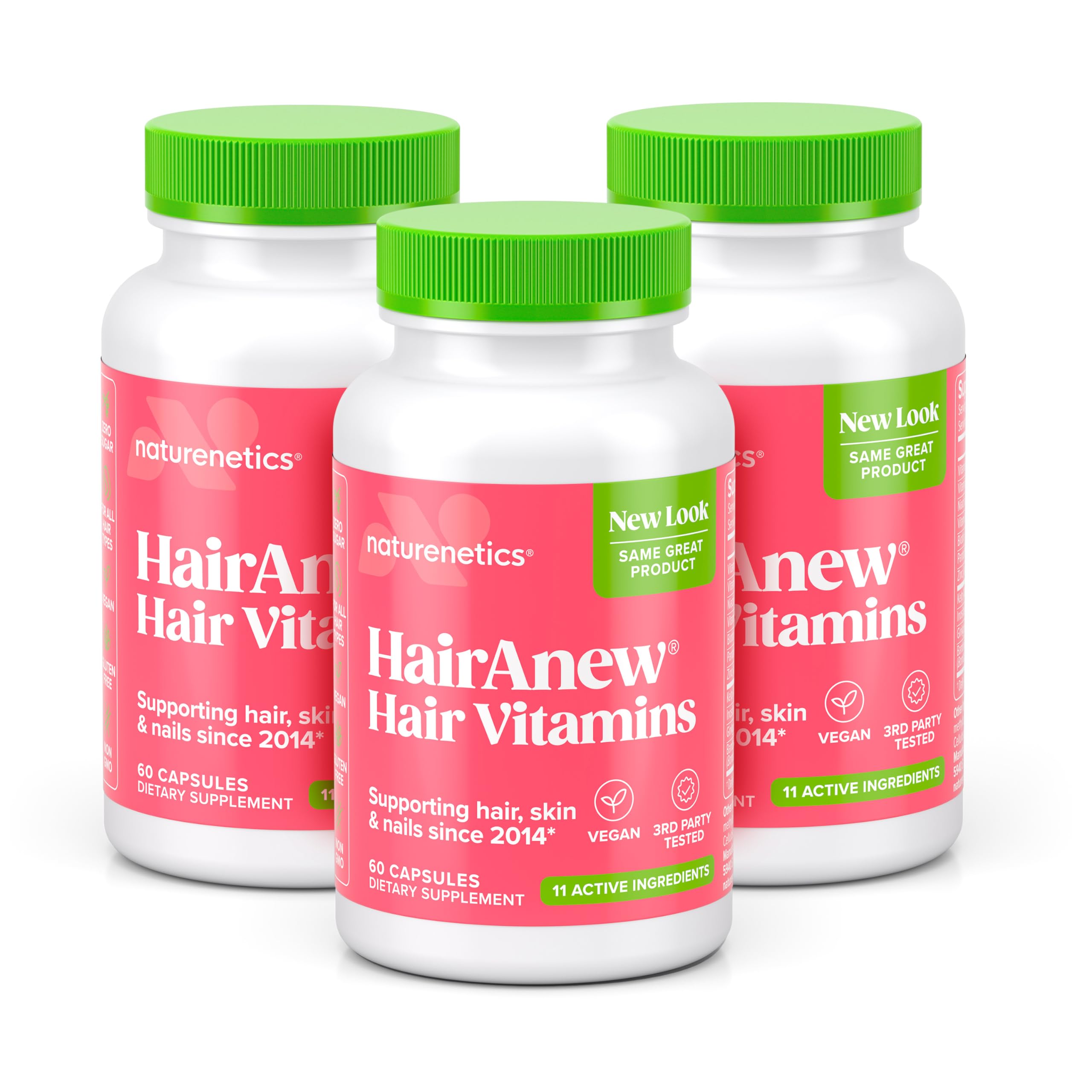 Naturenetics HairAnew bottle with capsules for daily hair growth support.