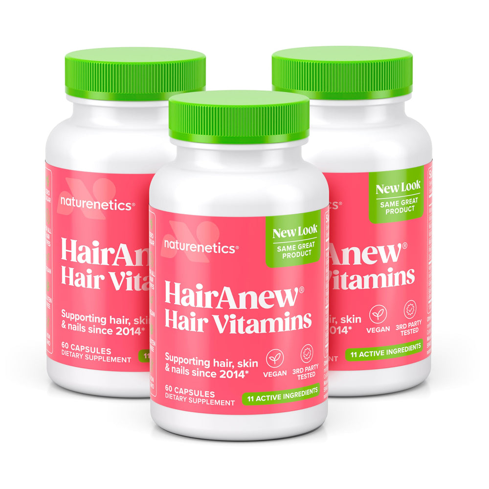 Naturenetics HairAnew bottle with capsules for daily hair growth support.
