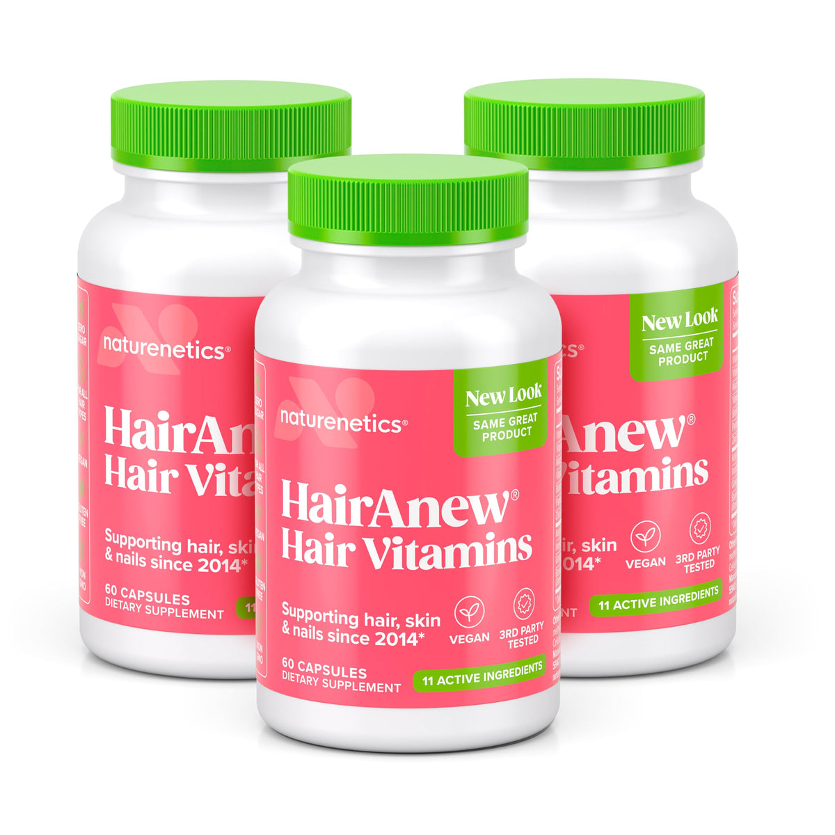Naturenetics HairAnew bottle with capsules for daily hair growth support.