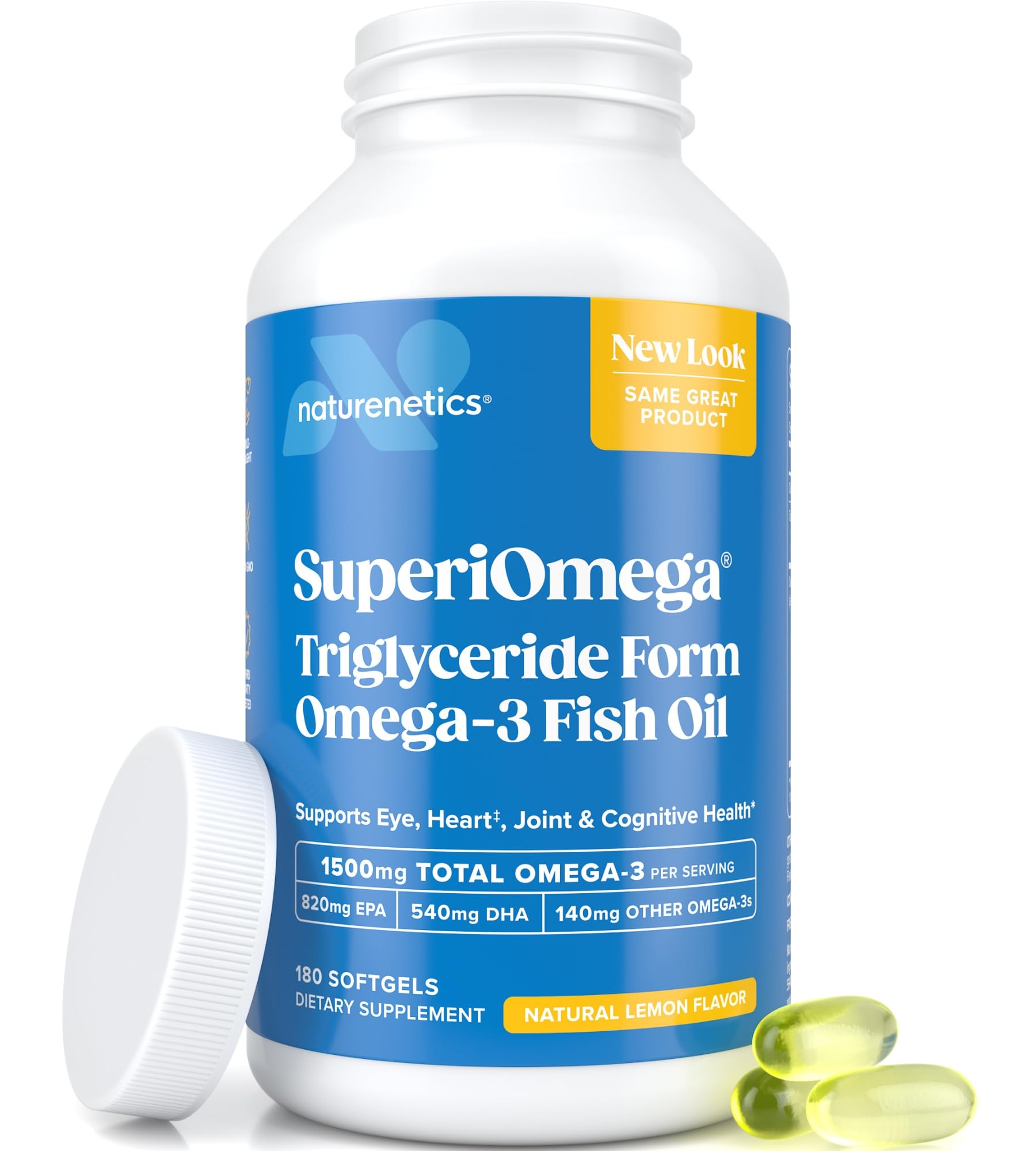 Naturenetics Triglyceride Omega-3 bottle front showing lemon flavor for daily eye comfort