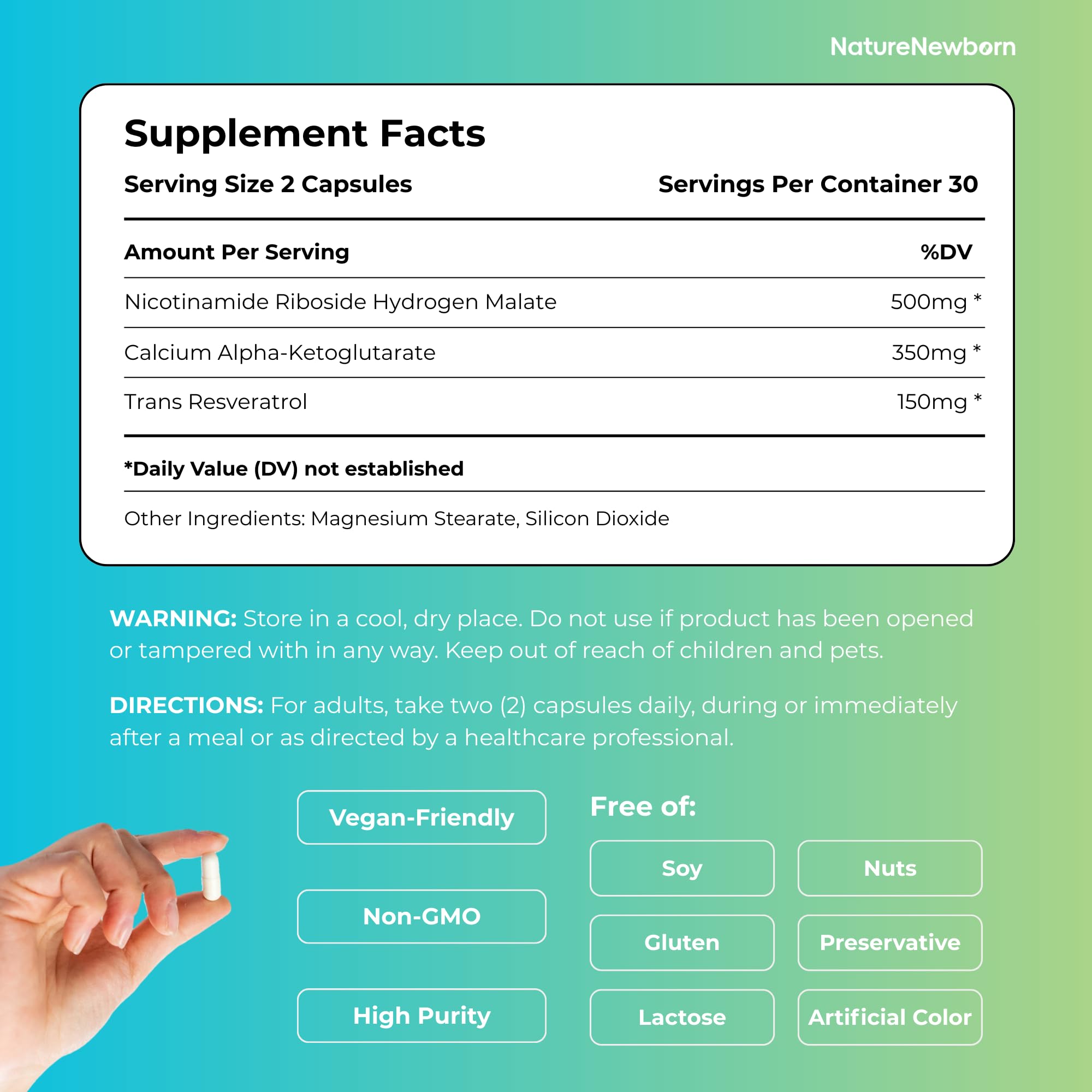 NatureNewborn NR1000 capsules close-up highlight NMN formula for focus