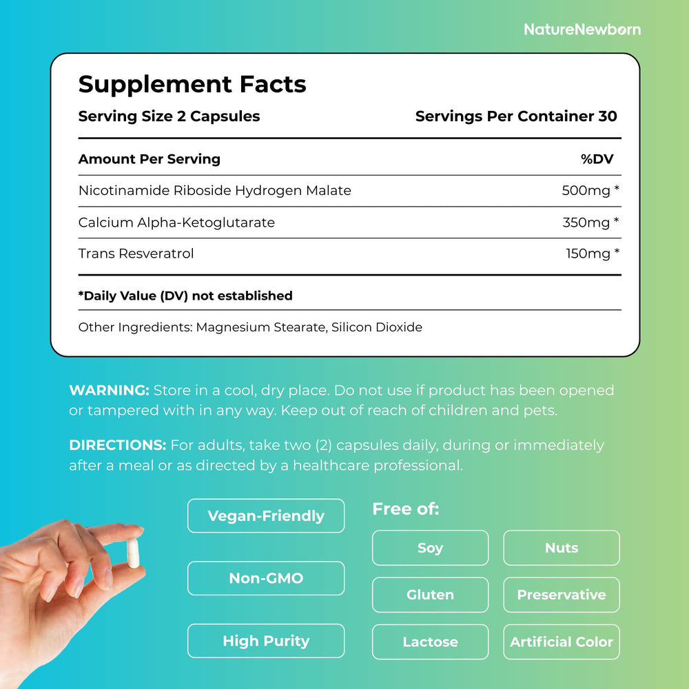 NatureNewborn NR1000 capsules close-up highlight NMN formula for focus