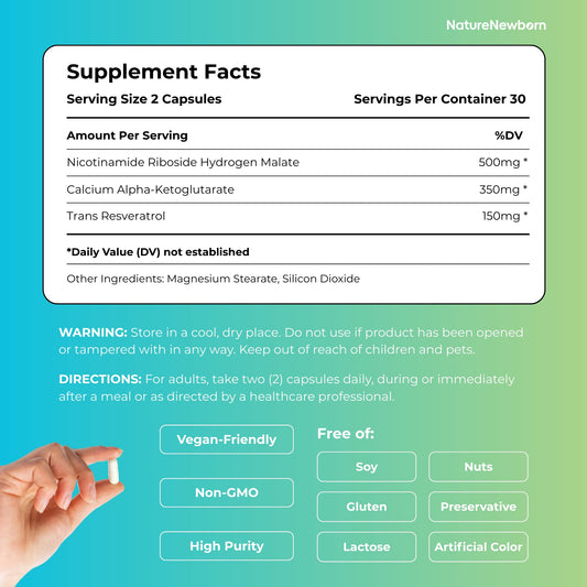 NatureNewborn NR1000 capsules close-up highlight NMN formula for focus