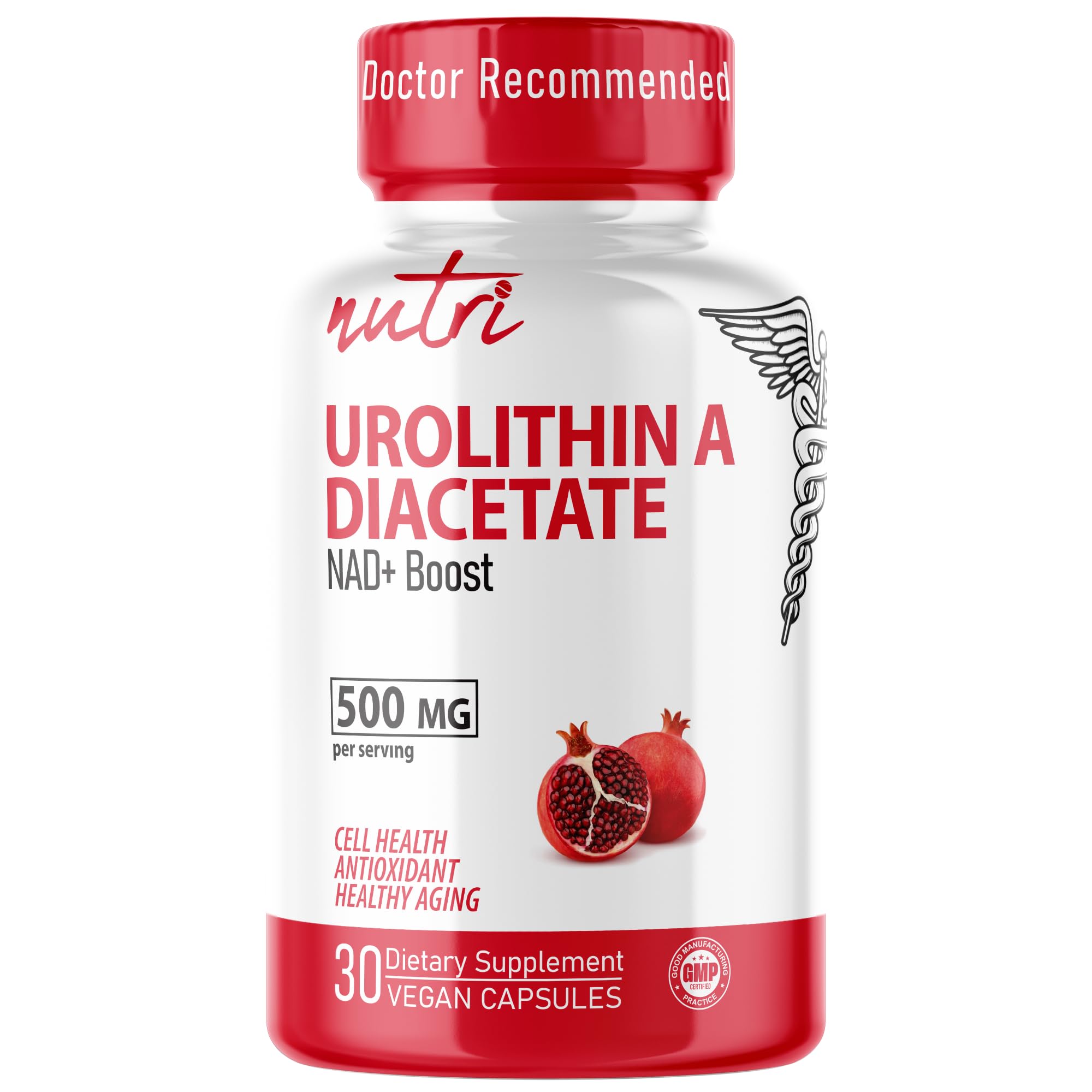 Nature's Fusions Nutri Urolithin A bottle with 30 vegan capsules for daily NAD+ support