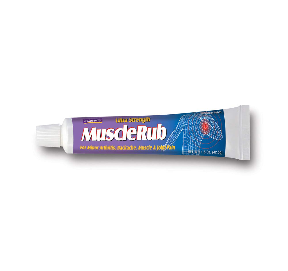 Natureplex Ultra Strength Muscle Rub tub with rich cream for quick application.