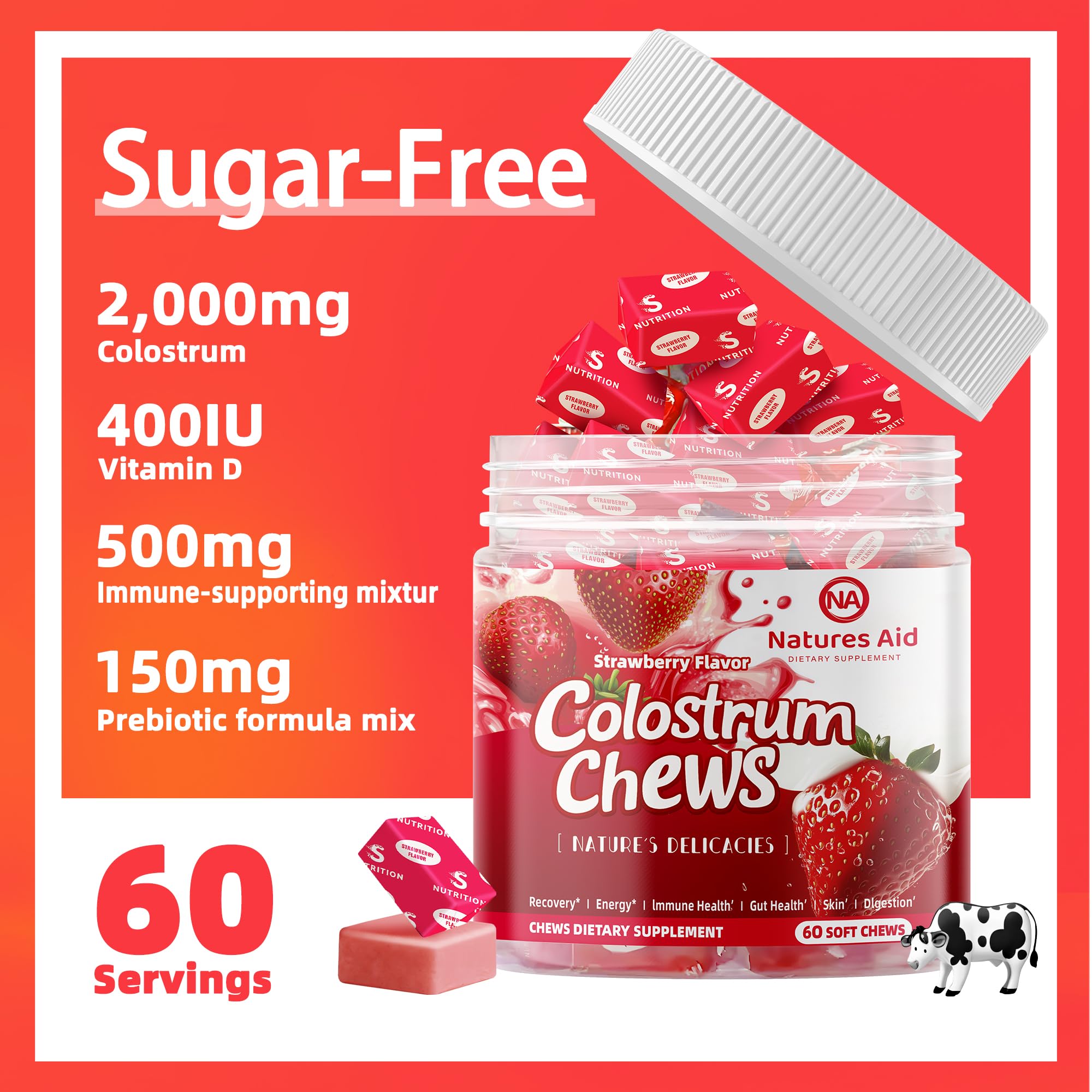 Ingredients panel of Nature's Aid Colostrum Chews showing grass-fed source