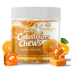 Natures Aid Colostrum Chews orange bottle, convenient daily supplement for gut support.