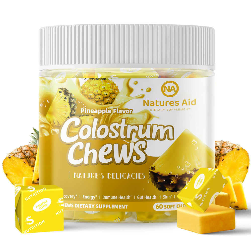 Natures Aid Colostrum Chews Pineapple Jar promoting daily gut support and immune balance