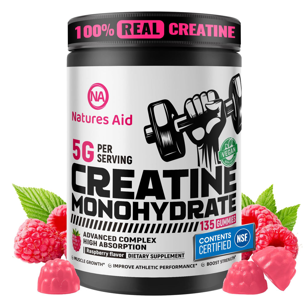 Natures Aid Creatine Gummies bottle-front for convenient pre-workout energy support.