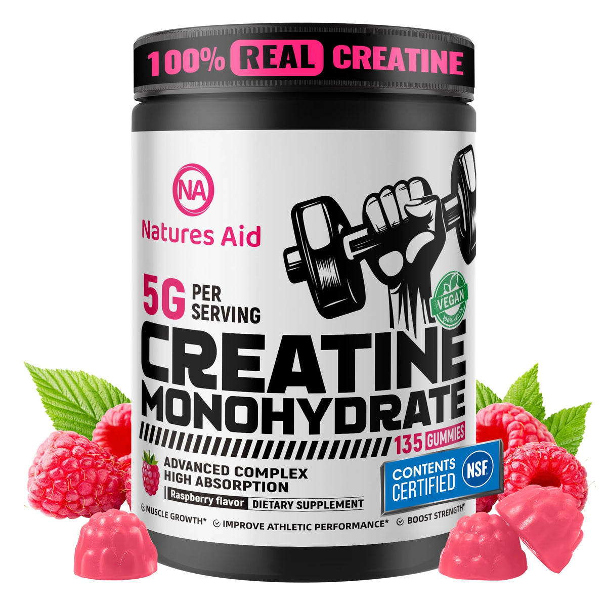 Natures Aid Creatine Gummies bottle-front for convenient pre-workout energy support.