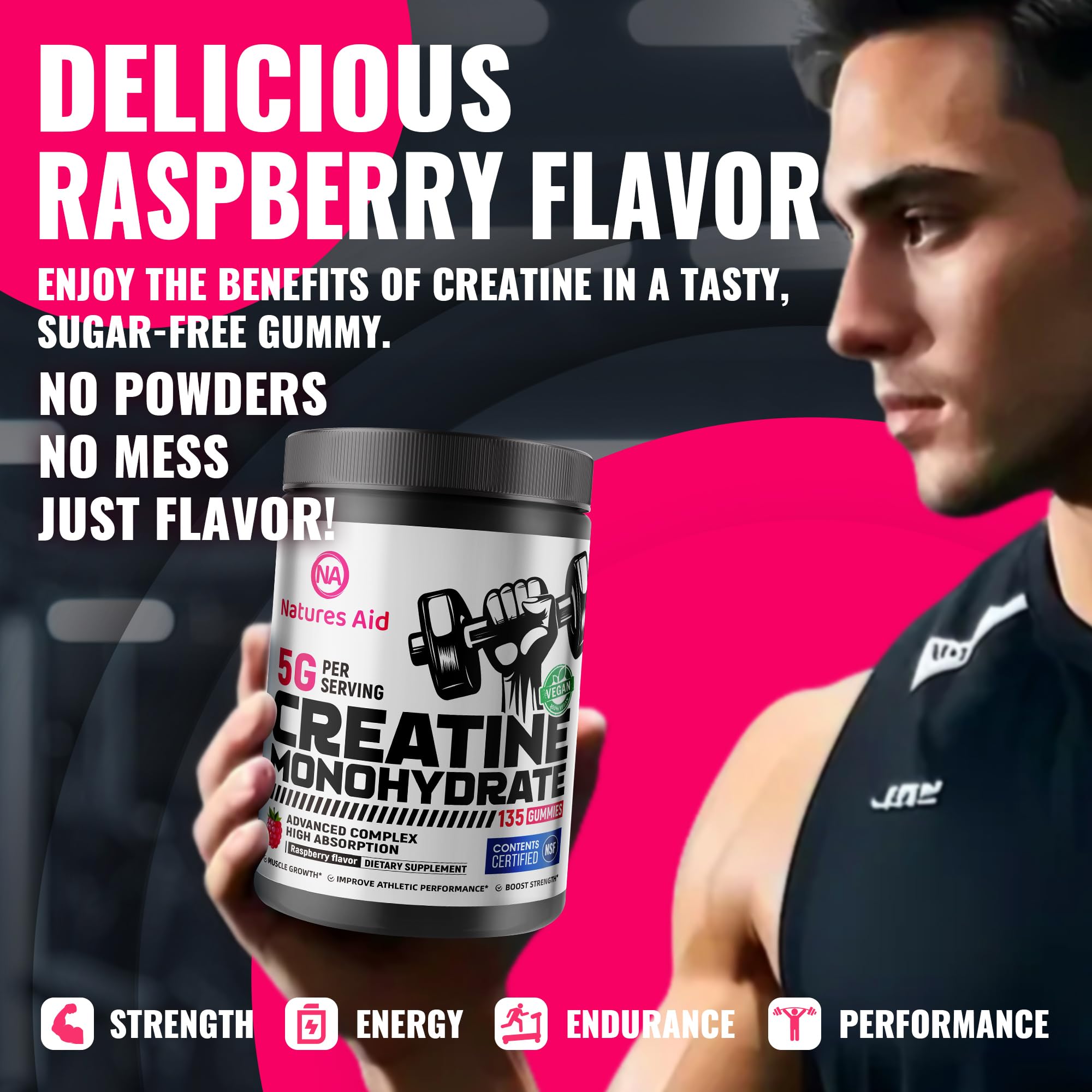 Natures Aid Creatine Gummies with gym workout scene illustrating performance support.