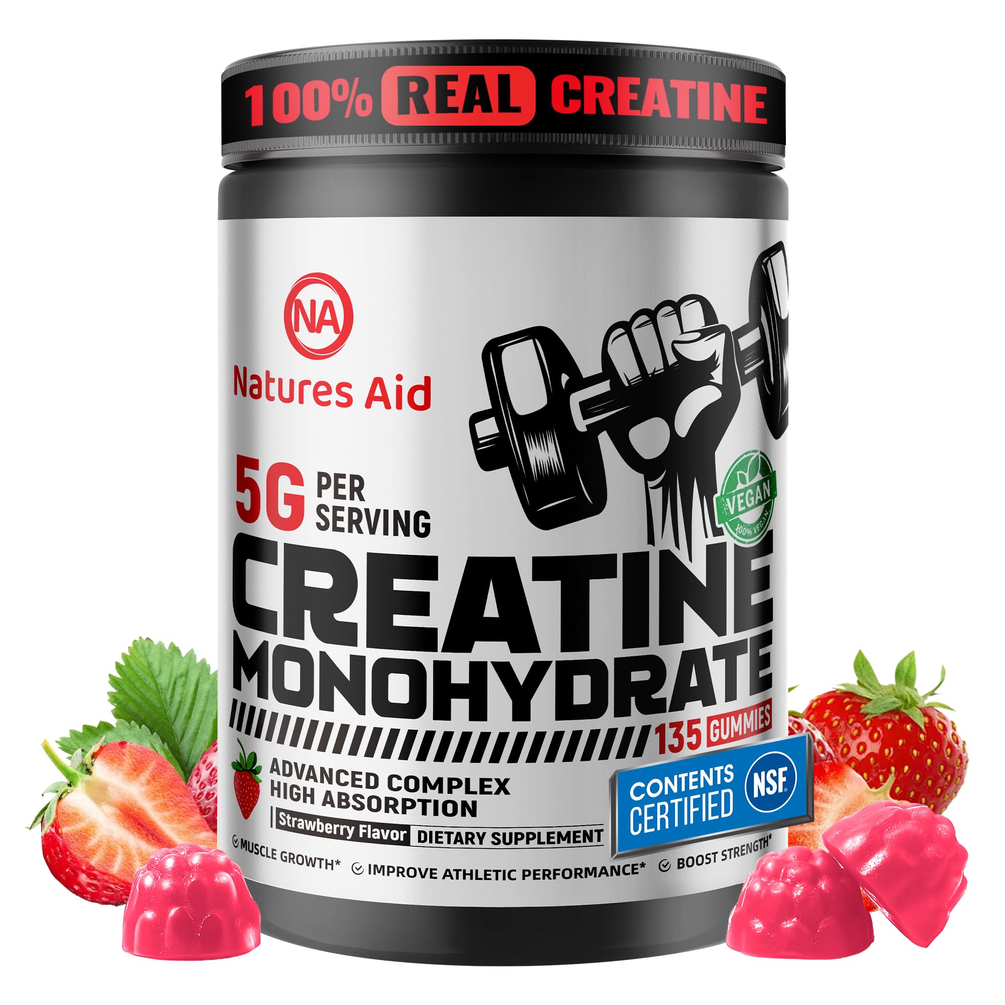Nature's Aid Creatine Gummy bottle front with strawberry flavor for pre-workout fuel.