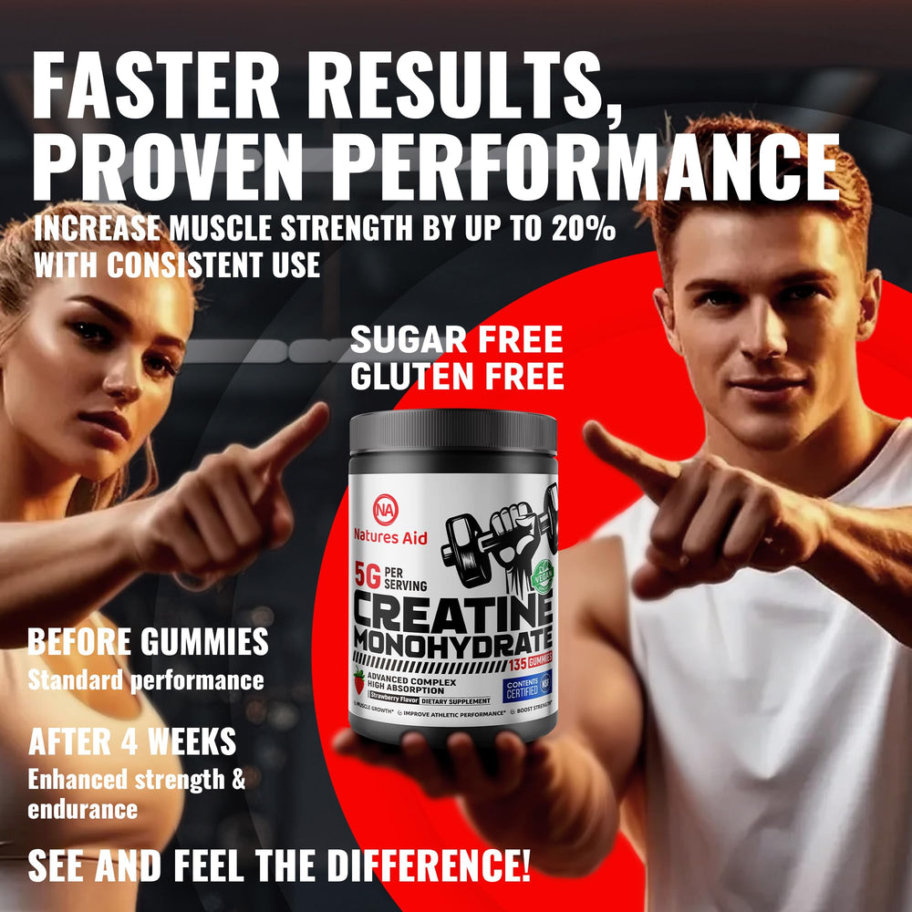 Nature's Aid Creatine Gummy NSF certified emblem on label signals quality.