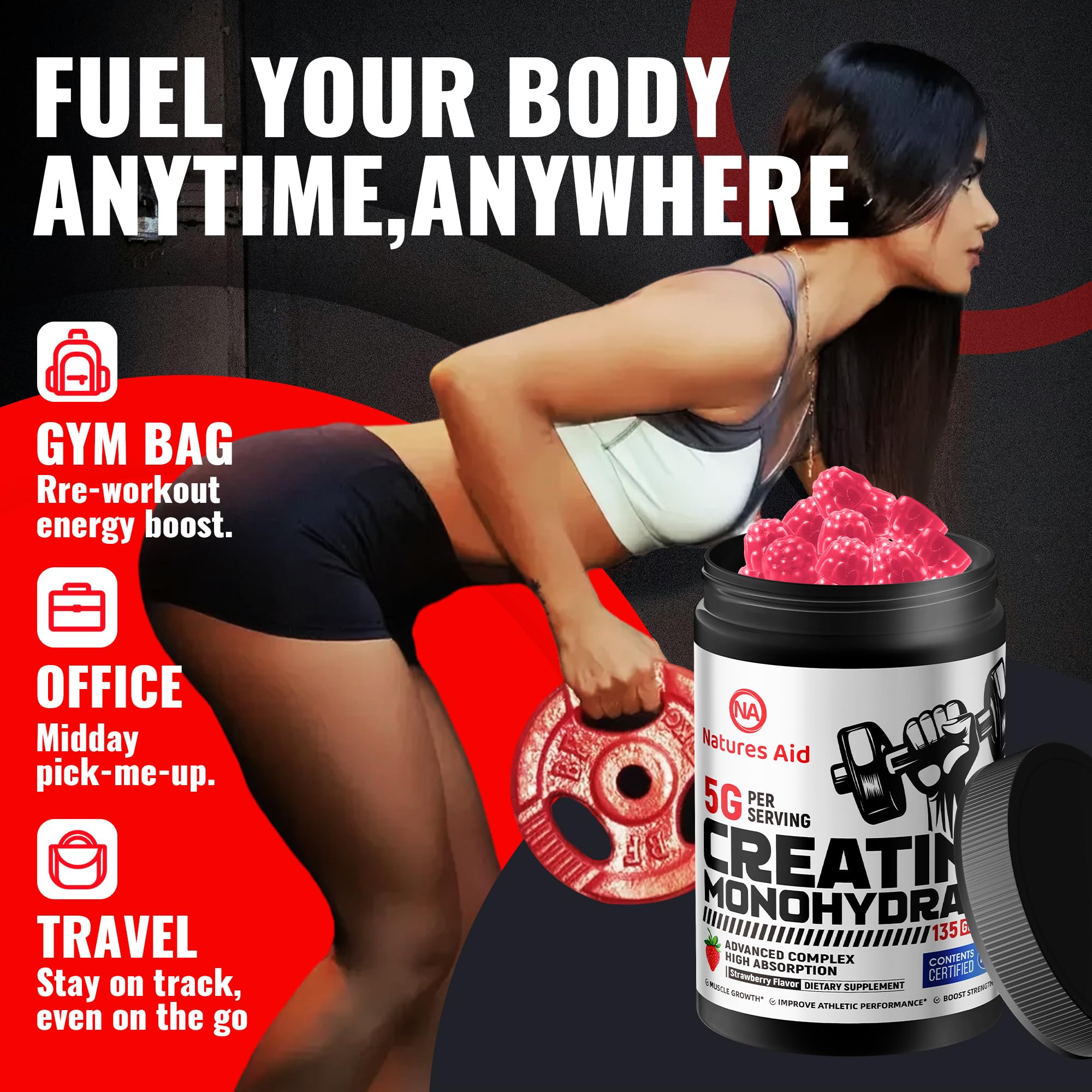Nature's Aid Creatine Gummy vegan, sugar-free chews suitable for workouts.