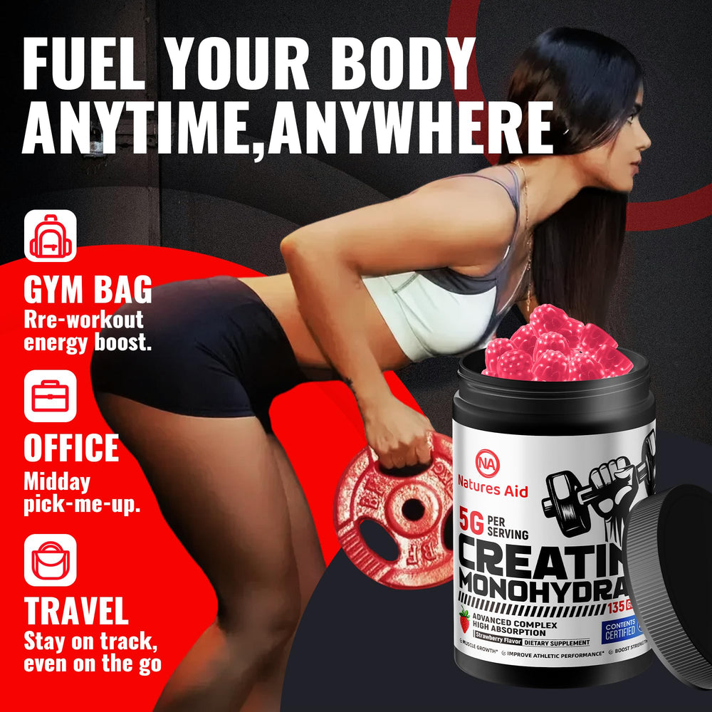 Nature's Aid Creatine Gummy vegan, sugar-free chews suitable for workouts.