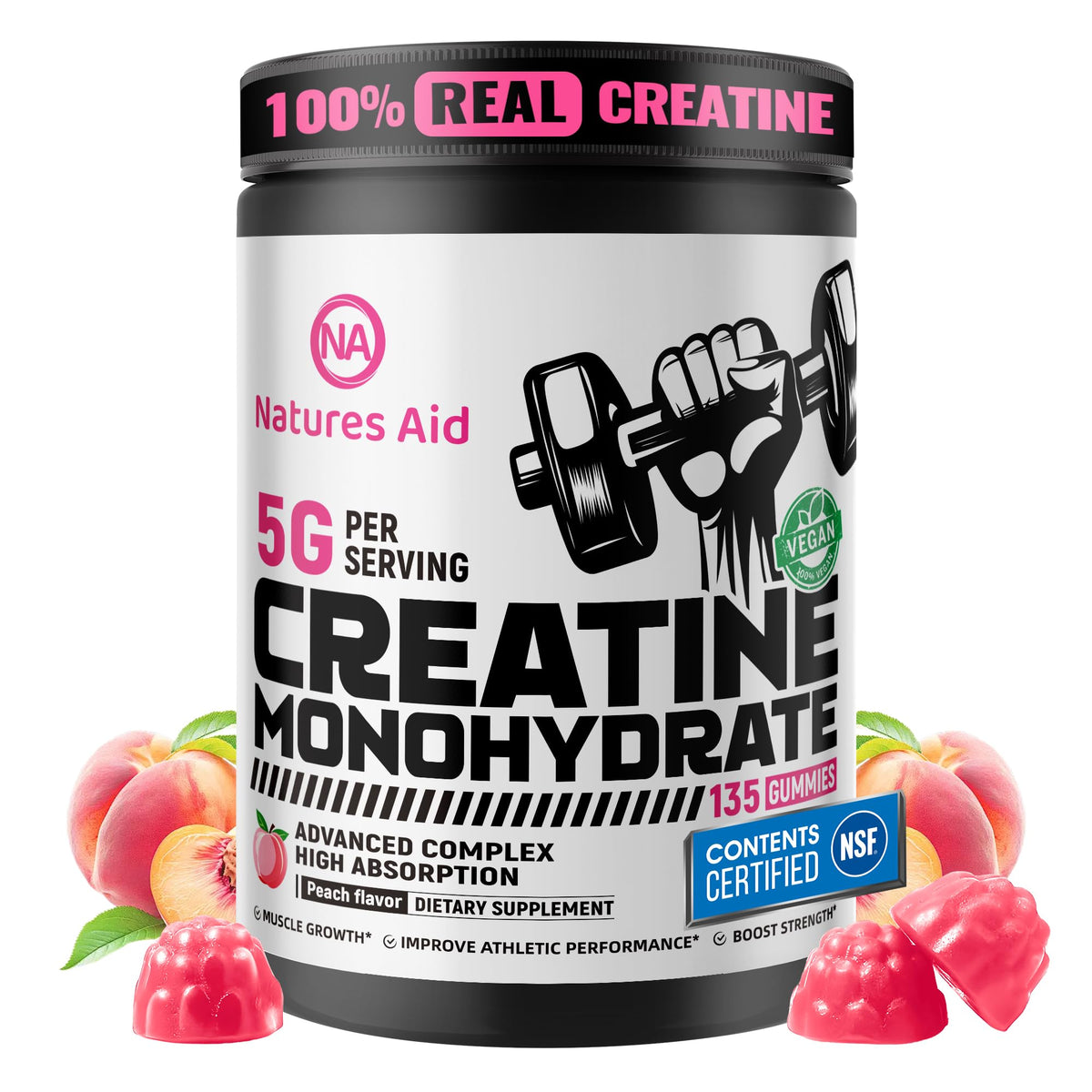 Natures Aid Creatine Gummy bottle front with peach flavor for on-the-go energy.