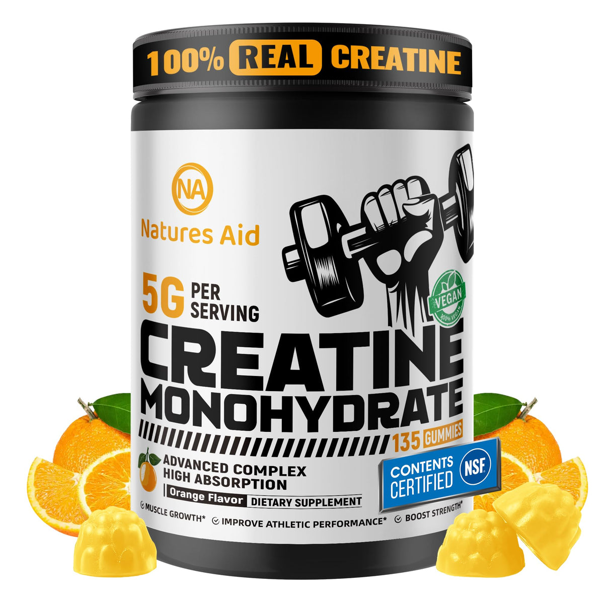Natures Aid Creatine Gummies bottle label showing 5 g per serving for energy