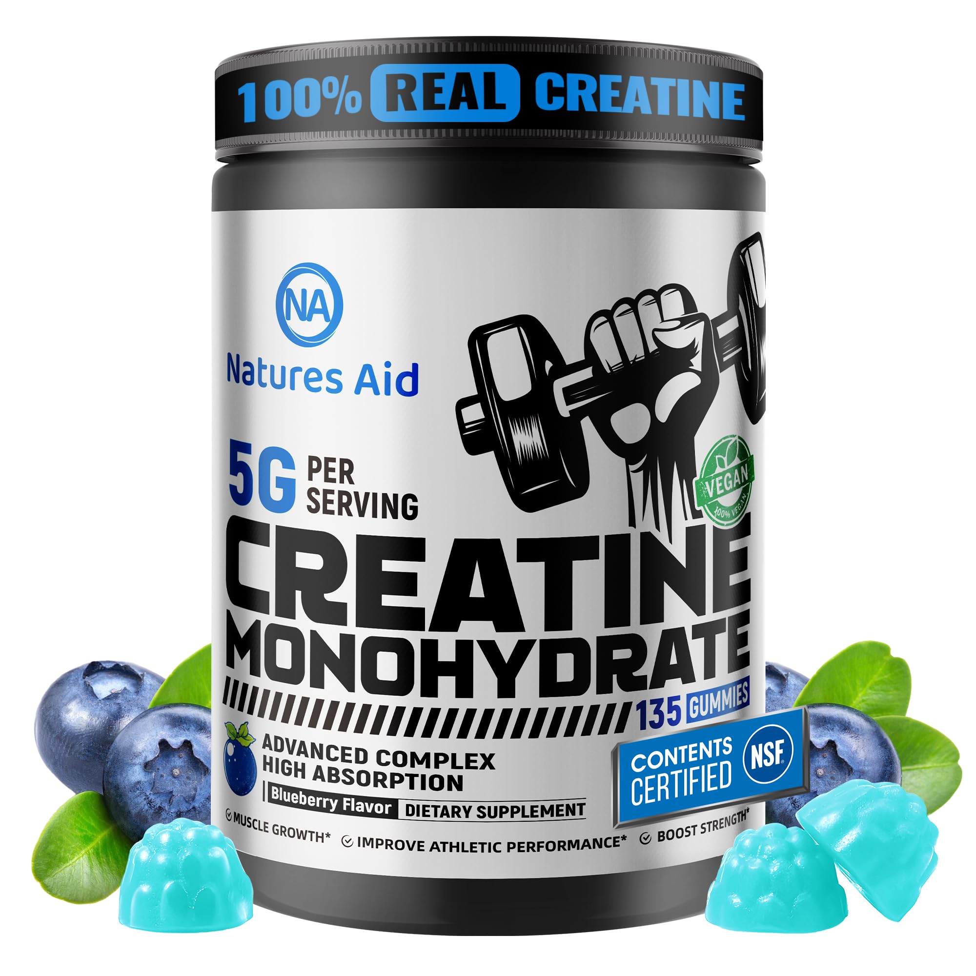 Natures Aid Creatine Gummy bottle label shows vegan, gluten-free formulation for convenient daily use.