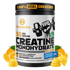 Natures Aid Creatine Gummies bottle label showing 5 g per serving for energy