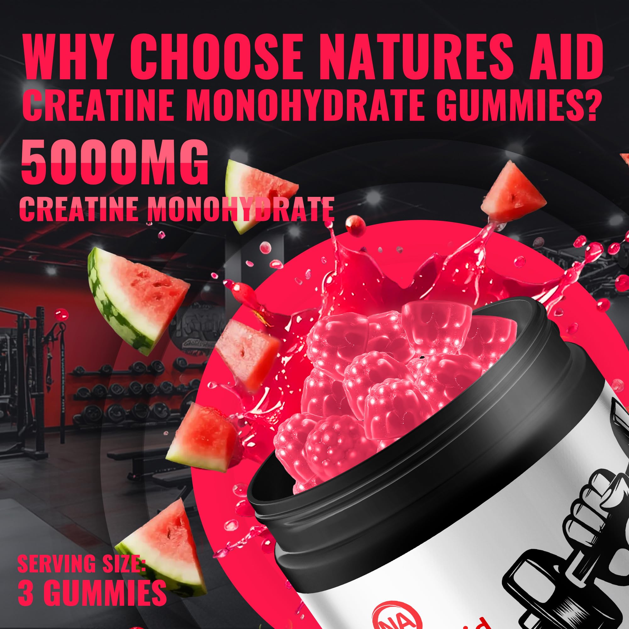Natures Aid Creatine Gummy gummies close-up suggests bite-size energy for gym sessions.