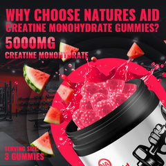 Natures Aid Creatine Gummy gummies close-up suggests bite-size energy for gym sessions.