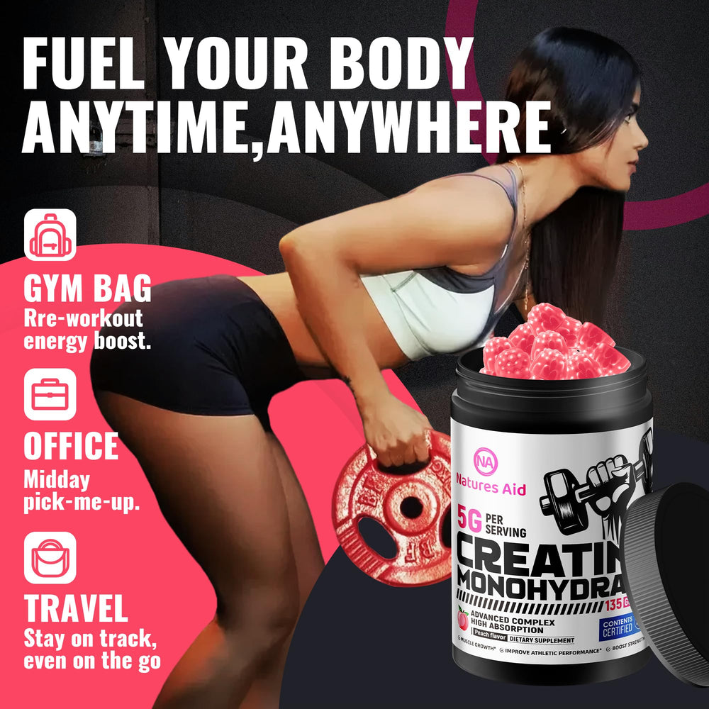 Natures Aid Creatine Gummy gym bag scene shows portable daily supplement.