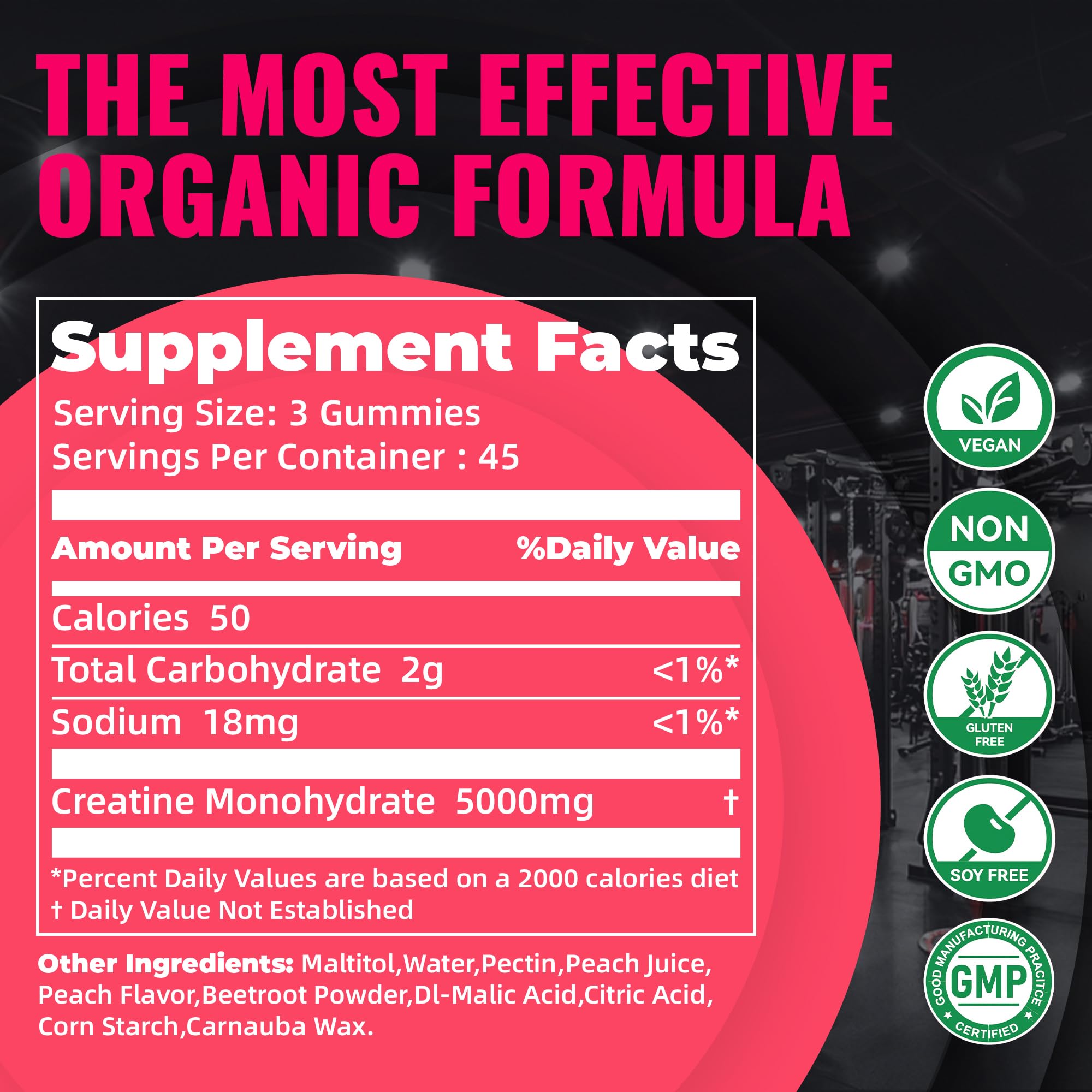 Natures Aid Creatine Gummy jar close-up highlights vegan, sugar-free formula.