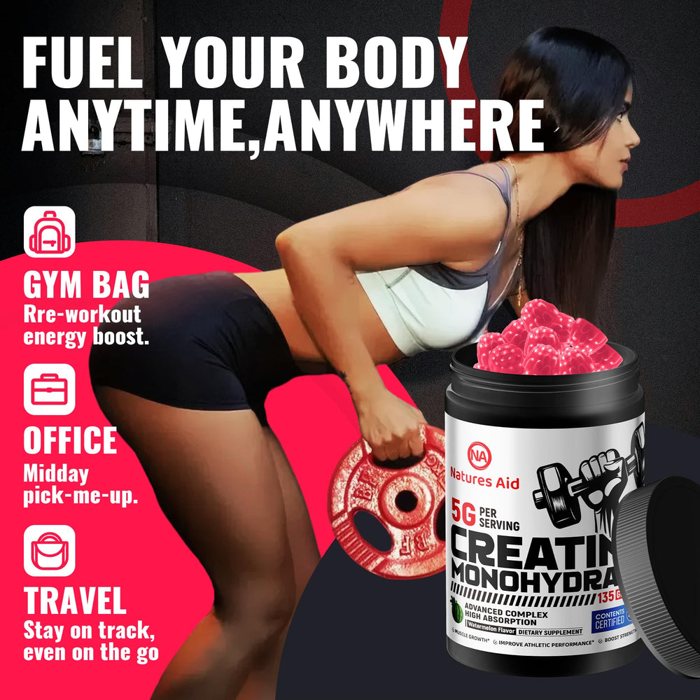 Natures Aid Creatine Gummy on-the-go use shown with a gym bag.
