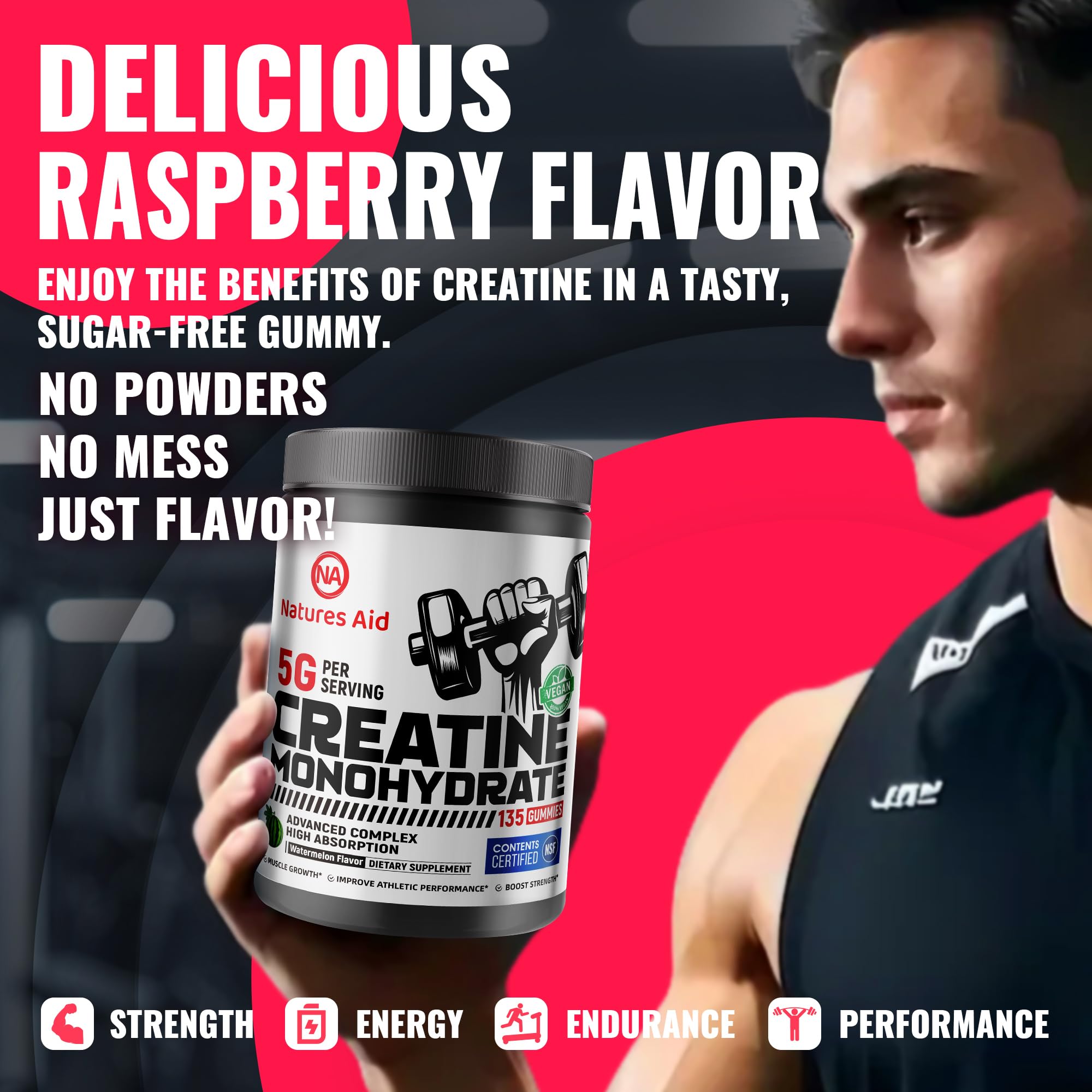 Natures Aid Creatine Gummy serving three gummies demonstrates 5g per serving for workouts.