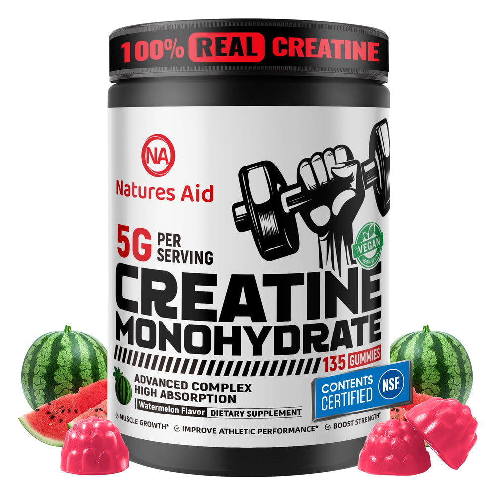 Natures Aid Creatine Gummy Watermelon bottle shows vegan, sugar-free pre-workout support.