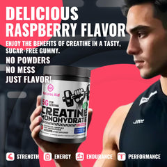 Natures Aid Creatine Gummy workout-ready setup suggests post-exercise recovery support.