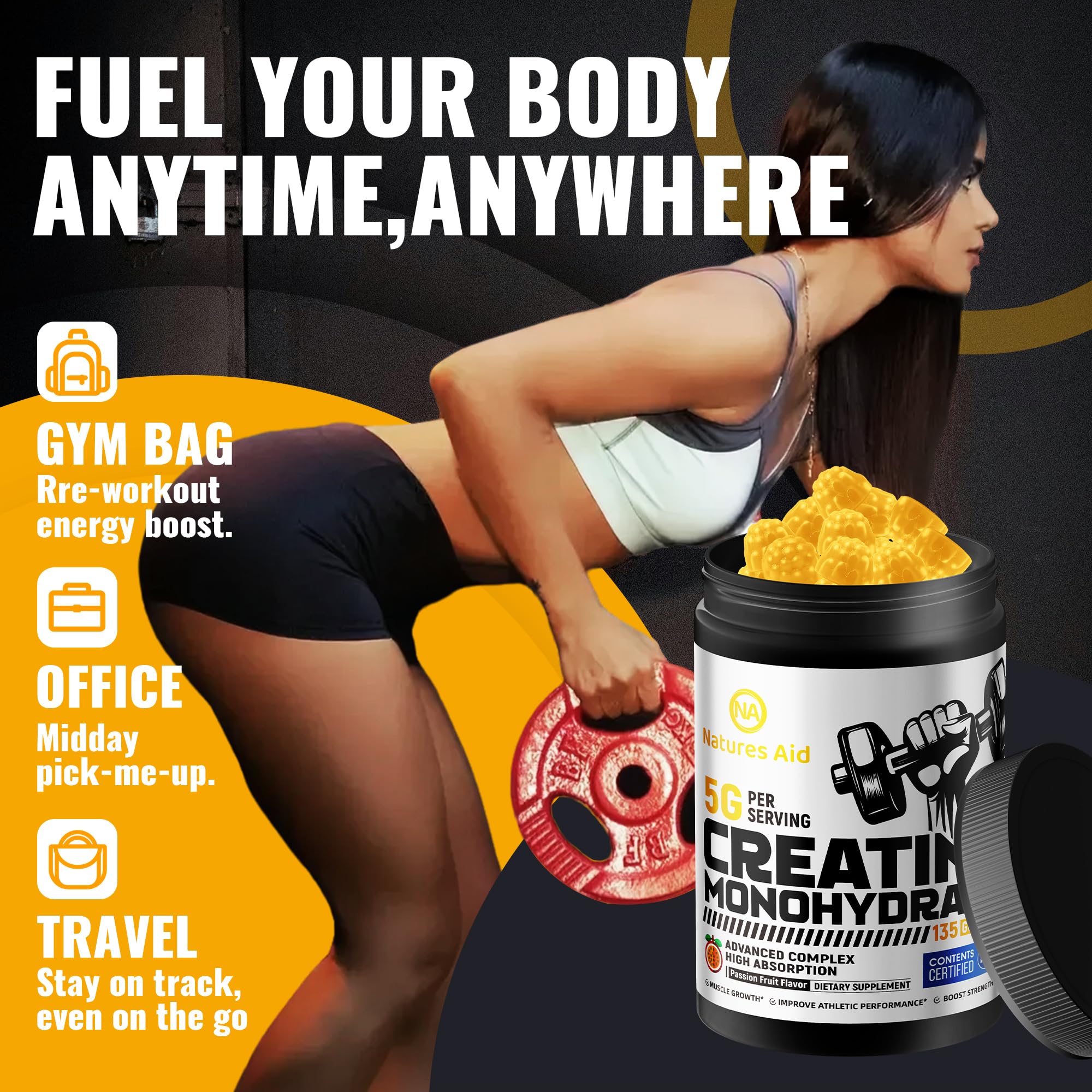 Natures Aid Creatine Monohydrate Gummies gluten-free and non-GMO badge visible.