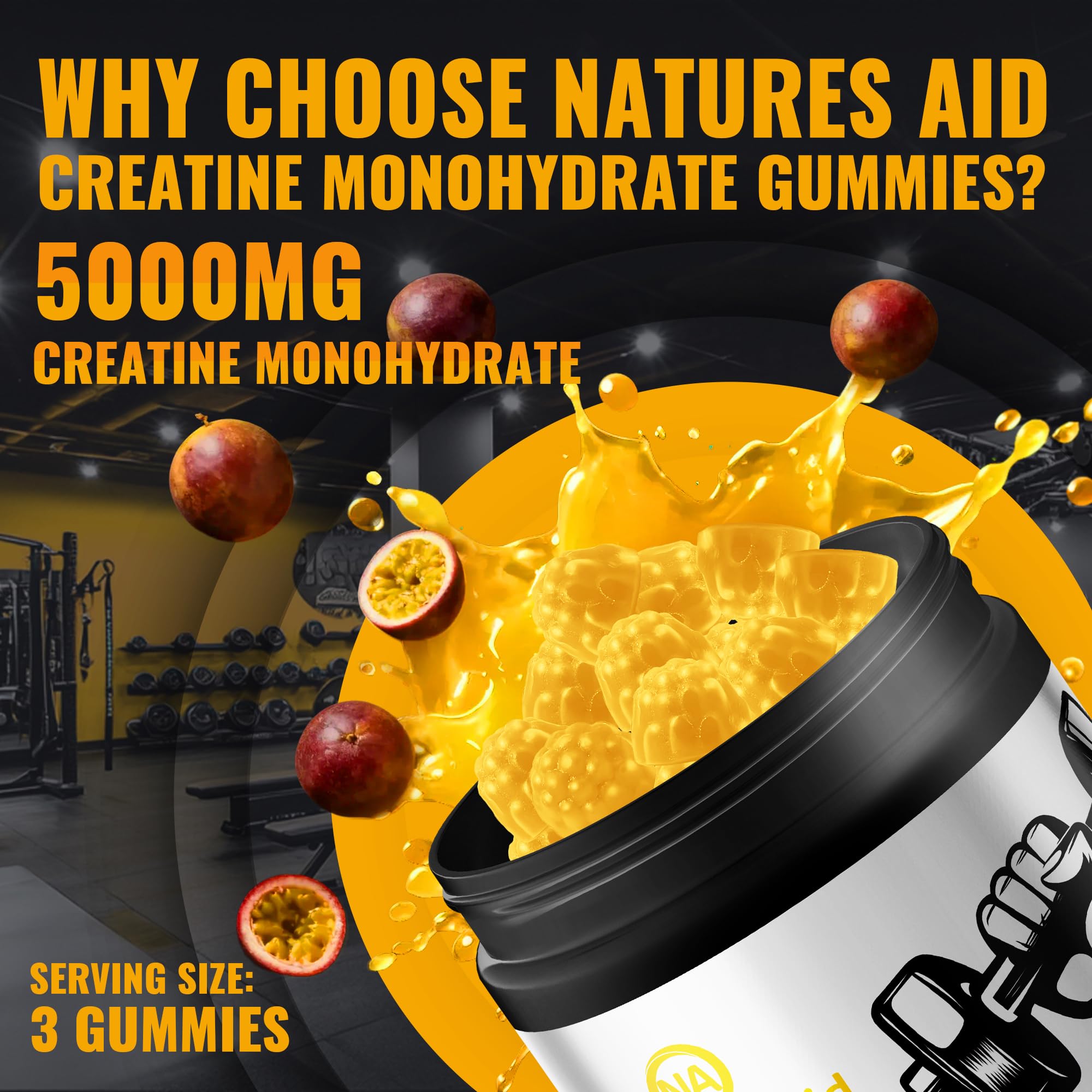 Natures Aid Creatine Monohydrate Gummies being poured for on-the-go energy.