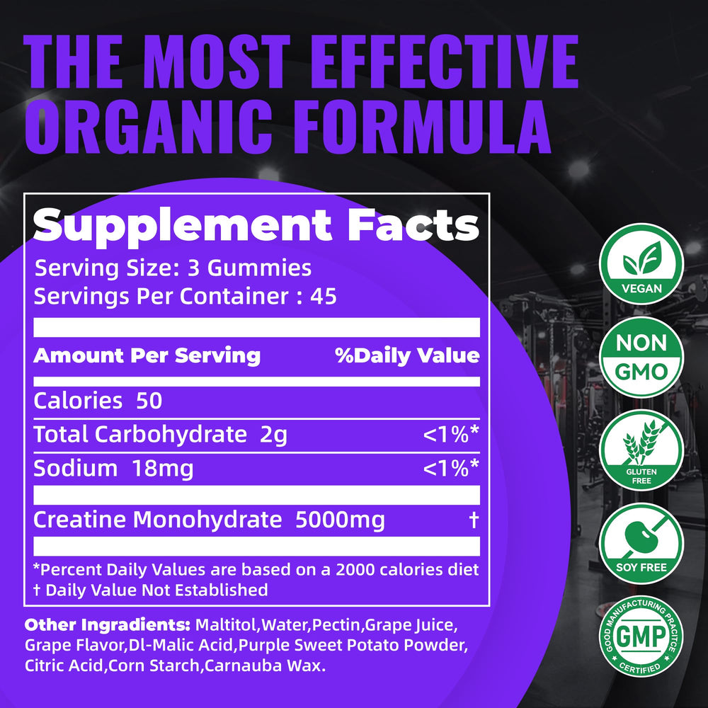 Natures Aid Creatine Monohydrate Gummies close-up reveals chewy texture and grape taste.
