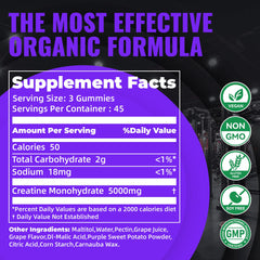 Natures Aid Creatine Monohydrate Gummies close-up reveals chewy texture and grape taste.