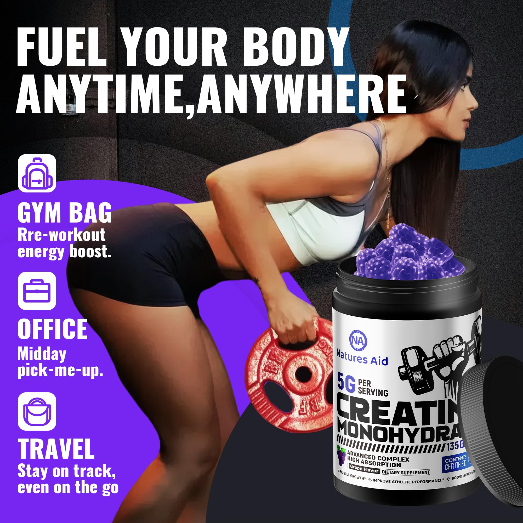Natures Aid Creatine Monohydrate Gummies vegan symbol highlights plant-based option for athletes.