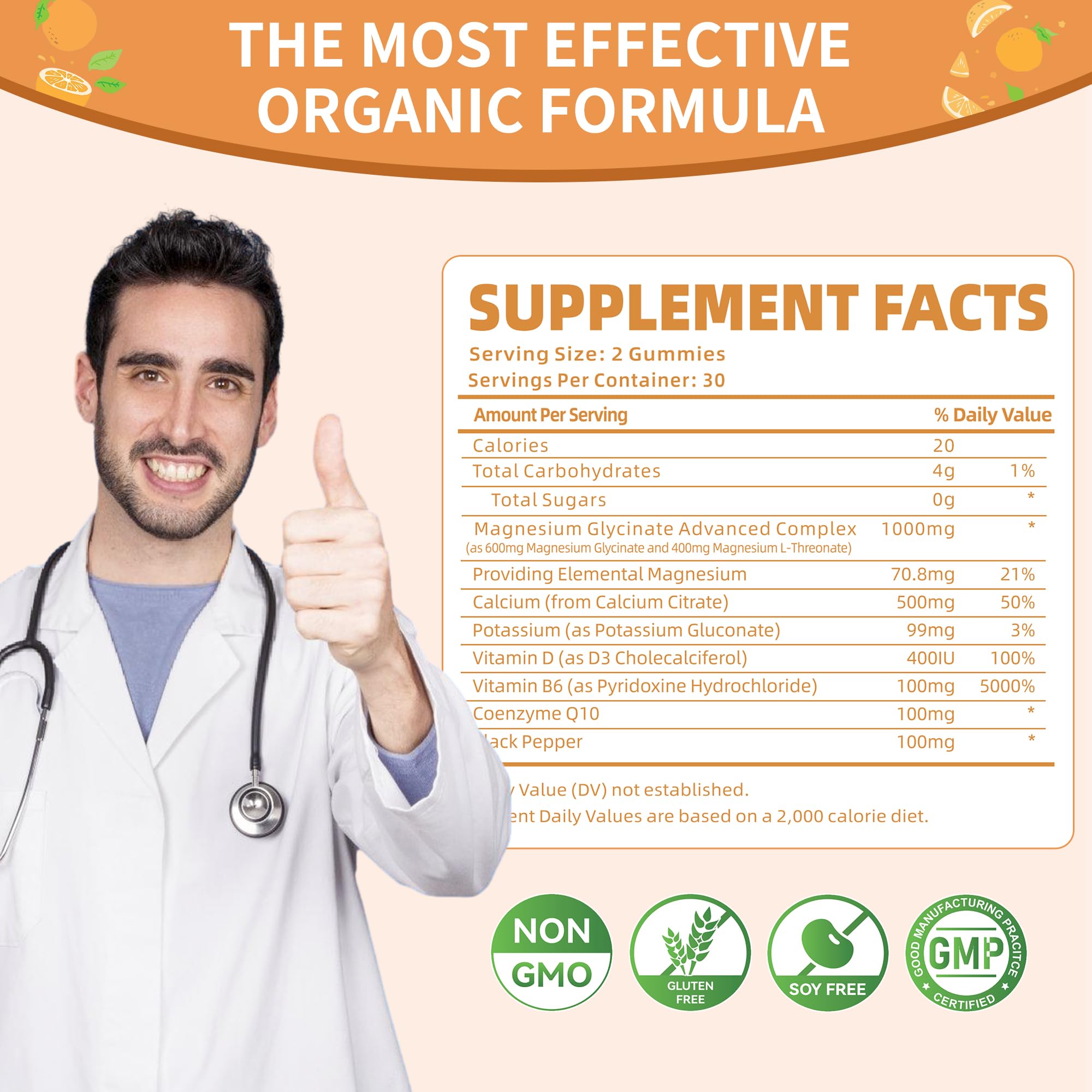 Ingredients panel on gummies bottle, including magnesium, vitamin D, B6, and CoQ10.