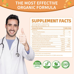 Ingredients panel on gummies bottle, including magnesium, vitamin D, B6, and CoQ10.
