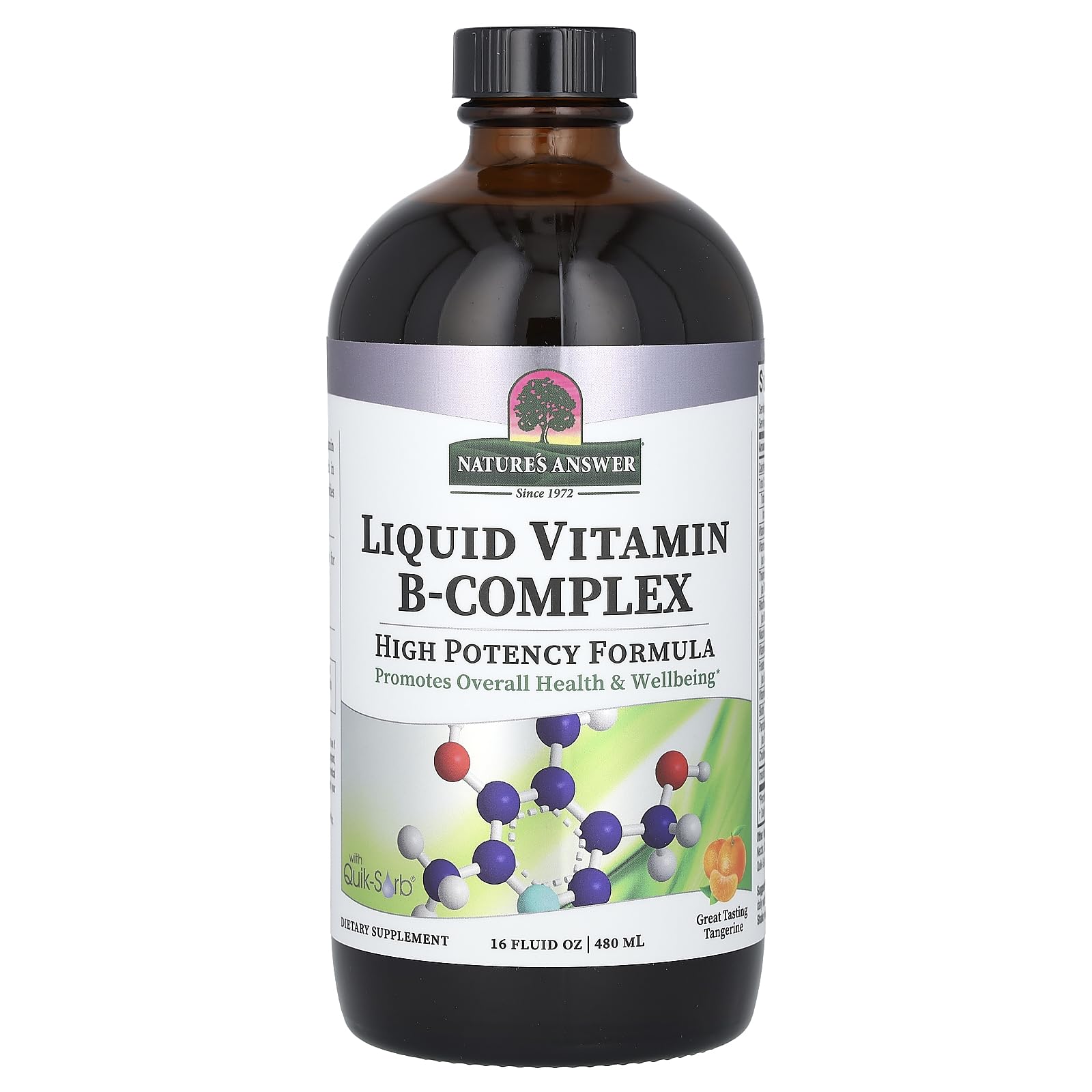 Nature's Answer Liquid Vitamin B-Complex bottle pour suggests fast absorption potential.