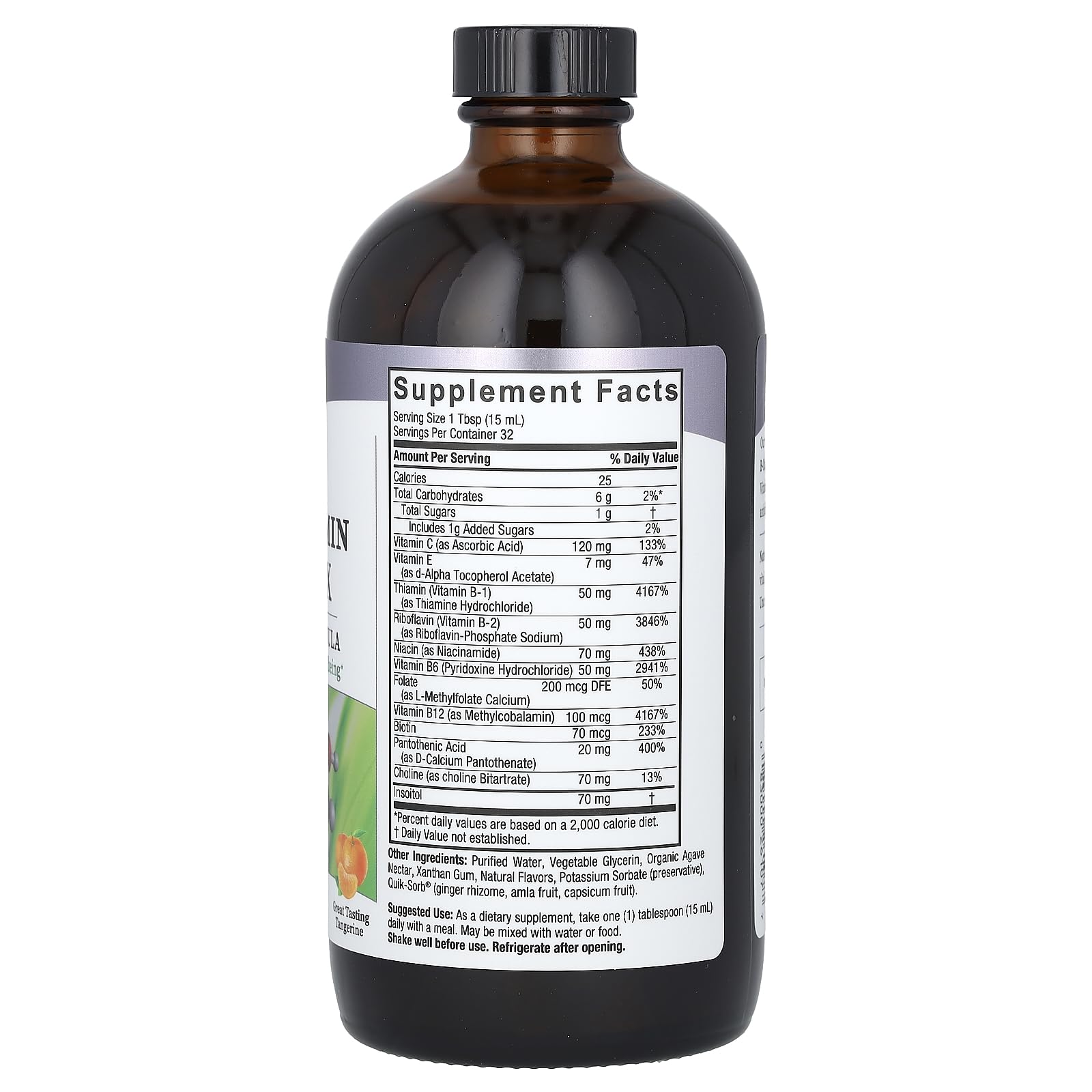 Nature's Answer Liquid Vitamin B-Complex Tangerine label highlights gluten-free and benzoate-free formula.