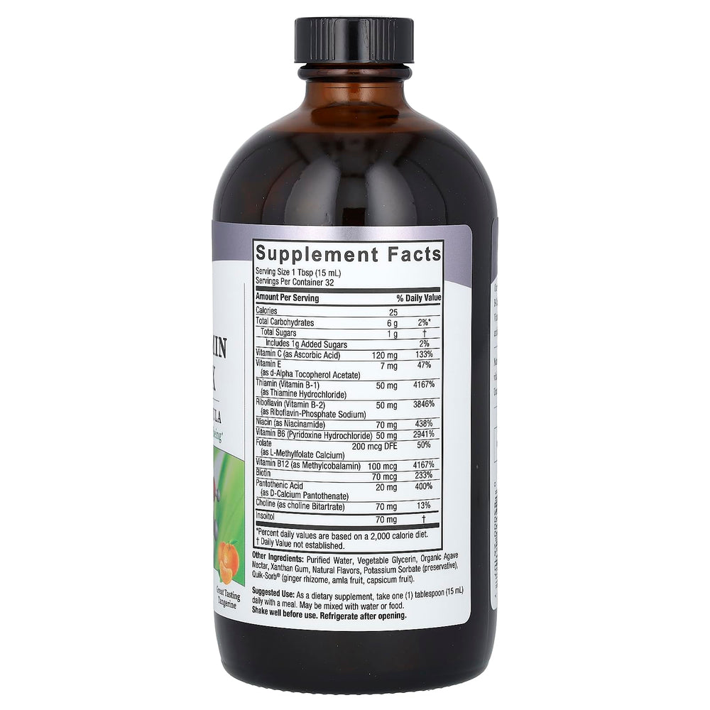 Nature's Answer Liquid Vitamin B-Complex Tangerine label highlights gluten-free and benzoate-free formula.