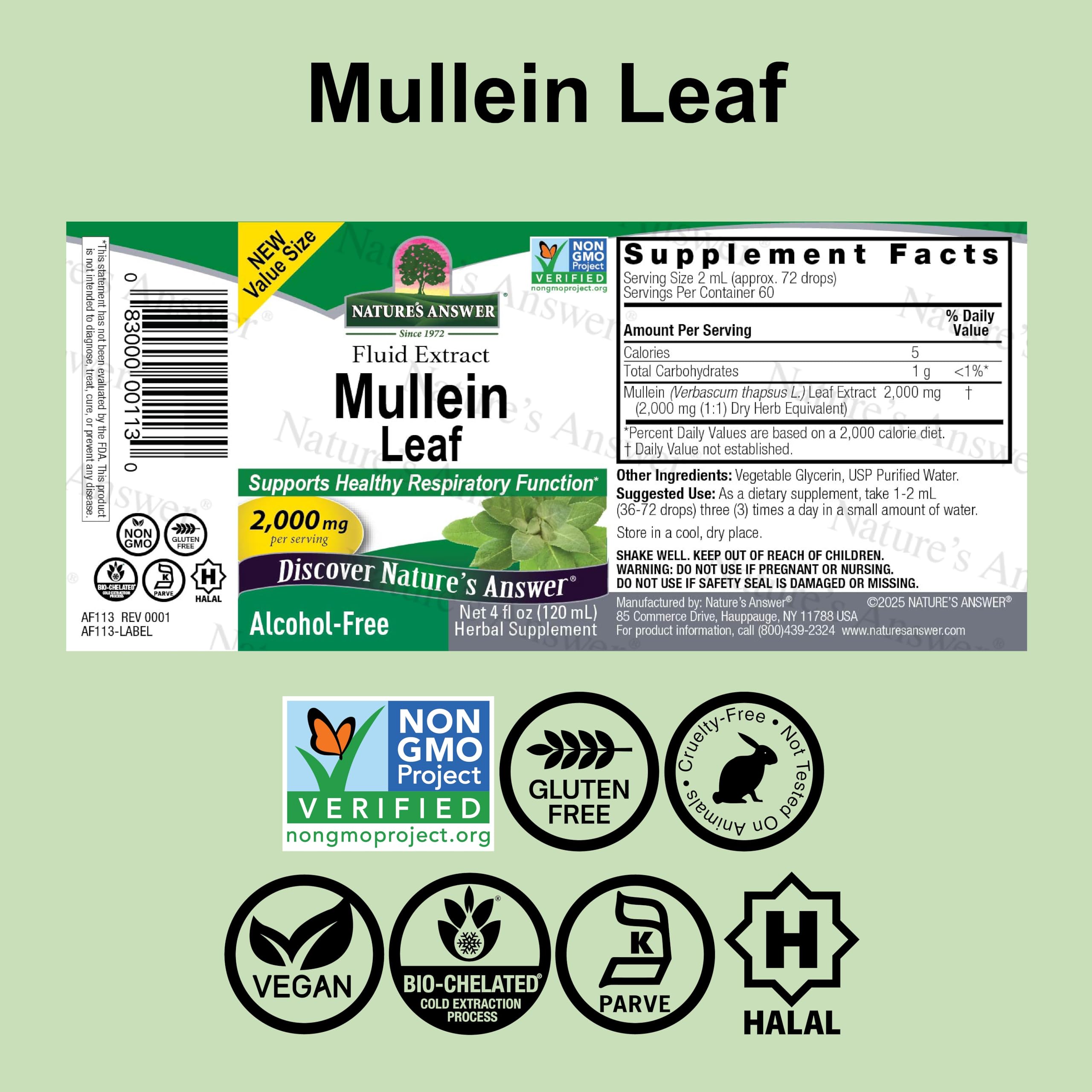 Nature's Answer Mullein label close-up highlights organic mullein leaf.