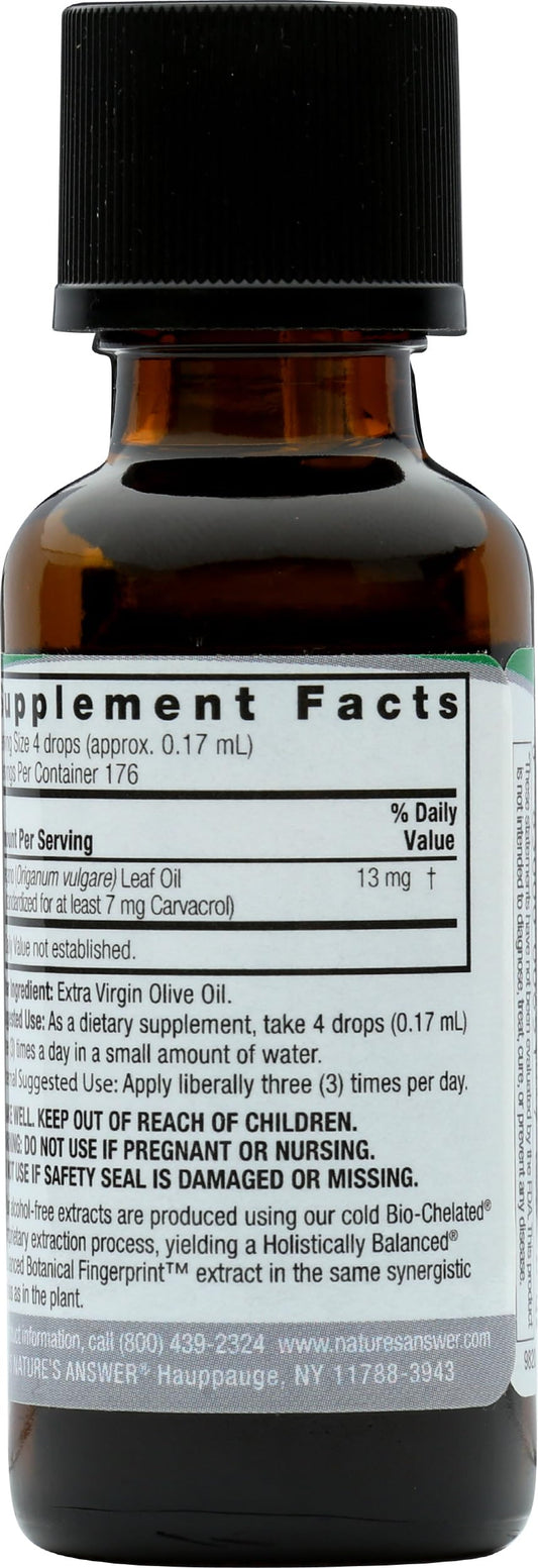 Nature's Answer Oregano Oil dropper dispensing a small amount.