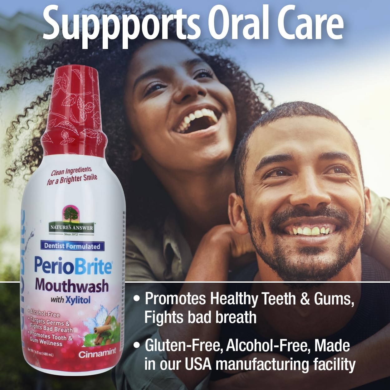 Ingredient list features CoQ10, oregano, cinnamon, and clove for gum support.