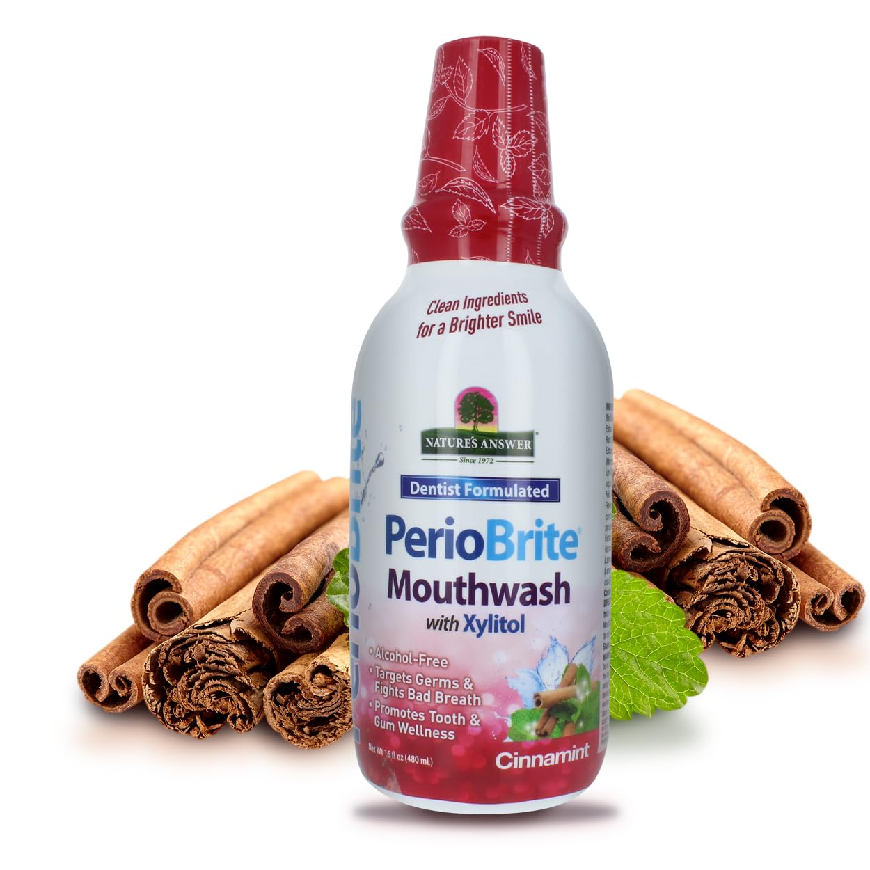 Nature's Answer PerioBrite Cinnamon Mouthwash bottle ready for fresh breath.