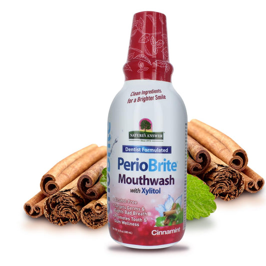Nature's Answer PerioBrite Cinnamon Mouthwash bottle ready for fresh breath.