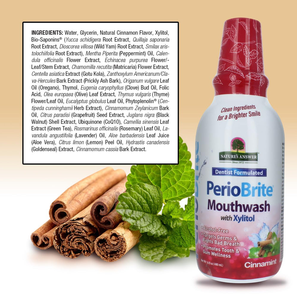 PerioBrite label emphasizes fluoride-free and alcohol-free formula.