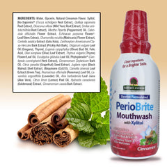 PerioBrite label emphasizes fluoride-free and alcohol-free formula.