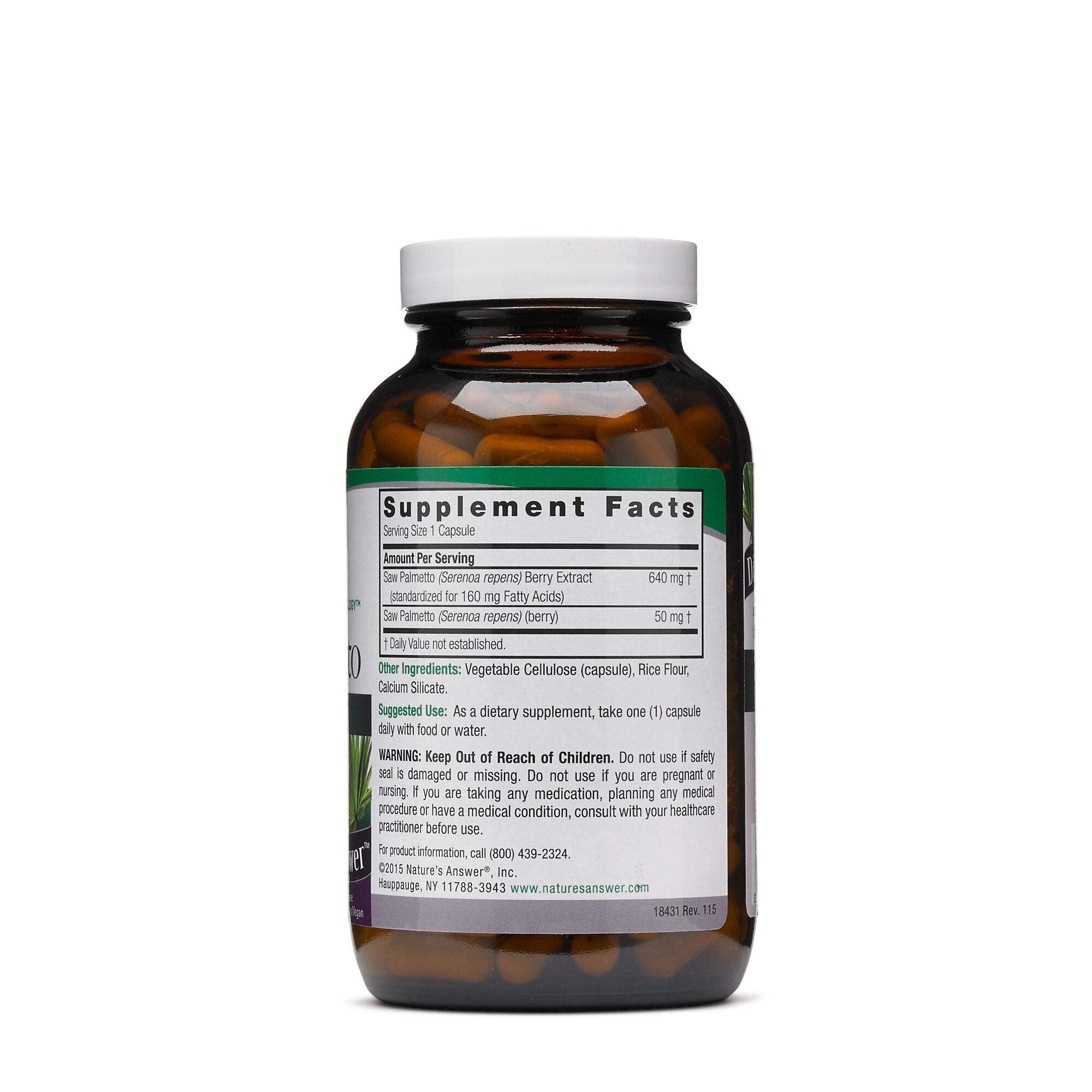 Nature's Answer Saw Palmetto Extract capsules pouring for easy daily use.