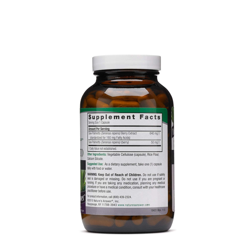 Nature's Answer Saw Palmetto Extract capsules pouring for easy daily use.